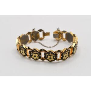 Vintage Damascene Bracelet Gold Inlay Floral Black Panel 7” Safety Chain
